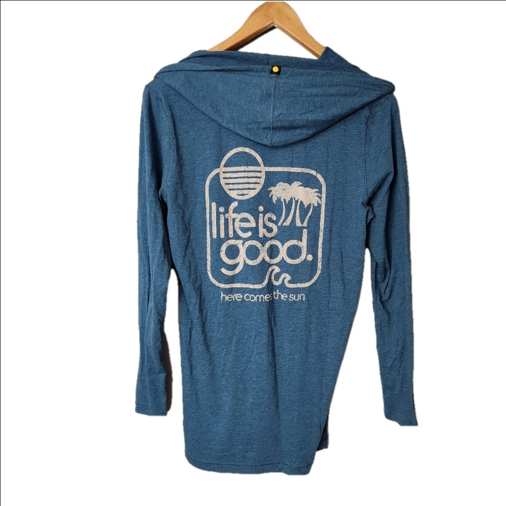 3/$25 Life is Good Blue Hooded Long Sleeved T-Shirt Size Large fitted
